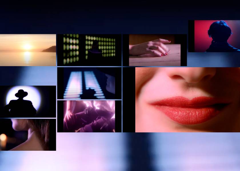photographic collage showing mouths, hands, body shadow